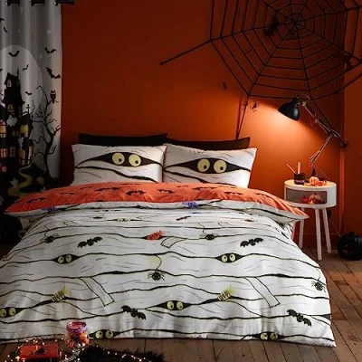 Image of Bedlam Scary Mummy Duvet Cover Single Bedding Size (140 x 200cm) Reversible (2 Designs) Glow in the Dark Spooky Mummies &amp; Vampire Bats Halloween Decorations