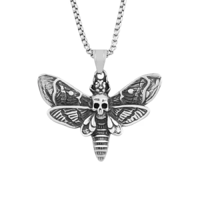 Image of XLTEAM Casual Necklace Pendant Vintage Skull Moth Punk Biker Death Head Butterfly Necklaces For Men Party JewelleryBirthday Gift