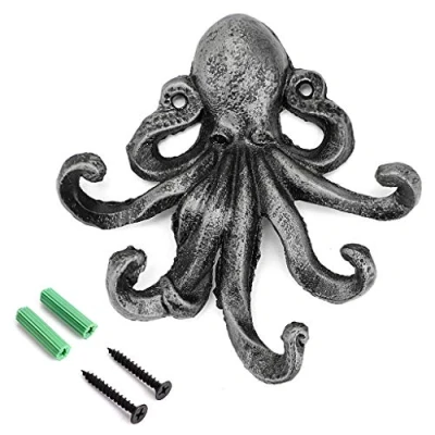 Image of BSTKEY Cast Iron Octopus 5 Tentacles Decorative Wall Hook Rustic Towel Key Coat Rack (Silver)