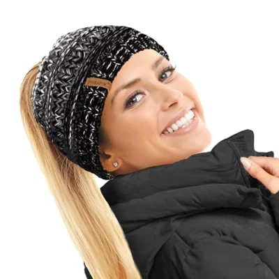 Image of TOSKATOK Ladies Thermal Teddy Fleece Lined Ponytail Beanie Hat BLK/Grey/Cream