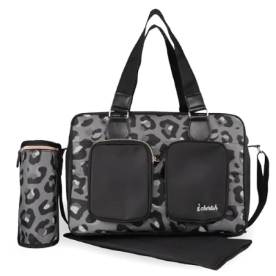 Image of My Babiie Changing Bag Tote With Insulated Bottle Holder, Portable Mat, Baby Travel Bag, Nappy Messenger 2 Front Pockets Dani Dyer Black Leopard