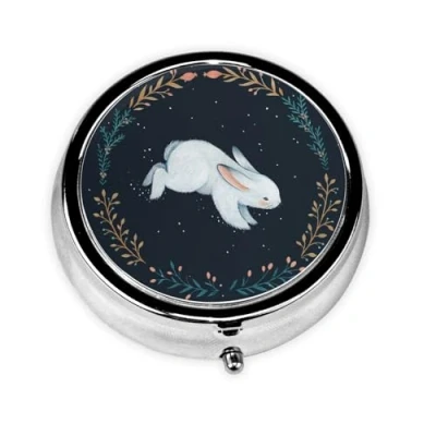 Image of Cute White Rabbit Print Round Pill Box,Portable Mini Metal Pill,Pill Box 3 Compartment Medicine Case