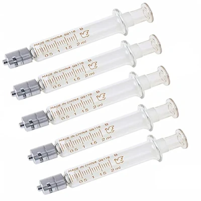 Image of 5 Pack Glass Syringes with Caps, 2ml Luer Lock Reusable Syringe, Metal Caliber Injector Laboratory Sampler for