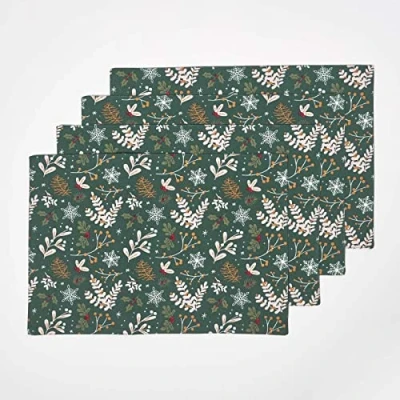 Image of HOMESCAPES Set of 4 Green Christmas Placemats 100% Cotton “Festive Forest Floral Patterned Xmas Dinner Mats
