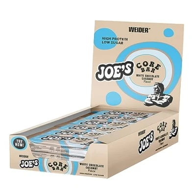 Image of Weider Joe&#039;s Core Bar (12x45g) White Chocolate Coconut. High Protein with Soft and Coating, Low Sugar, 31% Protein/Bar, Real Coconut Flakes, Diet/Muscle Building