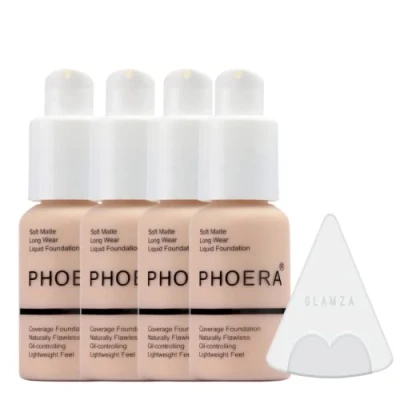 Image of Glamza Phoera Foundation Full Coverage Makeup Set 24hr Long Lasting Oil Control Soft Smooth Matte Flawless Concealer Cream Inc x4 30ml &amp; Silicone Blender Sponge (101 Porcelain)