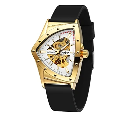 Image of FORSINING Men Waterproof Skeleton Triangular Mechanical Wrist Watch with Silicone Strap, Gold White Black,