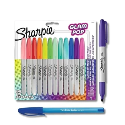 Image of Sharpie Glam Pop Permanent Markers Fine Point Vibrant Colours 12 Marker Pens + PaperMate Pen Gift