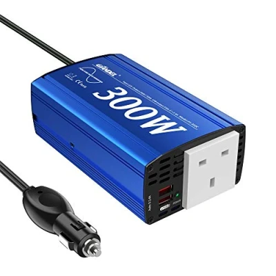 Image of GIANDEL Pure Sine Wave Power Inverter 300Watt Car Adapter Converts 12V DC to 240V 230V AC with 4.8A Dual USB and Outlet for Tablets Laptops Smartphones Blue