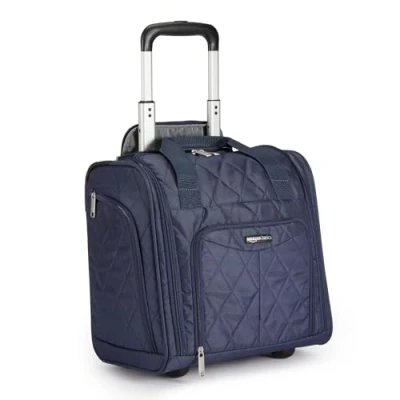 Image of Amazon Basics Underseat Travel Luggage/Suitcase with Telescopic Handle and 2 in line Skate Wheels 35.5 cm, Navy Blue Quilted