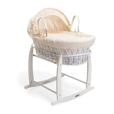 Image of Clair de Lune Waffle White Wicker Moses Basket &amp; Deluxe Rocking Stand Including 1x Adjustable, Removable Hood, 2x Carry Handles, Coverlet, And Firm, Hypoallergenic Fibre Mattress (Pink)