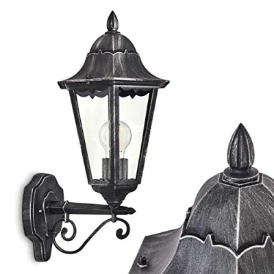 Image of outdoor wall lamp Lignac, upwards in antique look, cast aluminium black/silver with clear glass panes, light, E27 socket, vintage for terrace and courtyard, without bulb