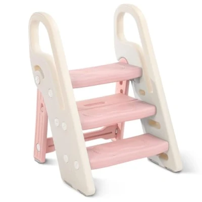 Image of Onasti Foldable Step Stool for Kids, 2 Steps 3 Height Adjustable Toddler Stool, Toilet Potty Training, Learning Tower with Handle Bathroom, Bedroom, Kitchen (Pink)