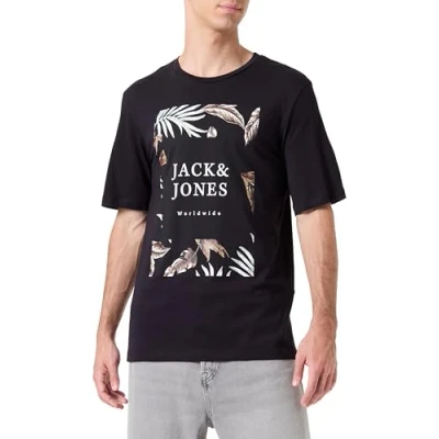 Image of JACK &amp; JONES Men&#039;s Jjfloor Tee Ss Crew Neck T Shirt, Black, S