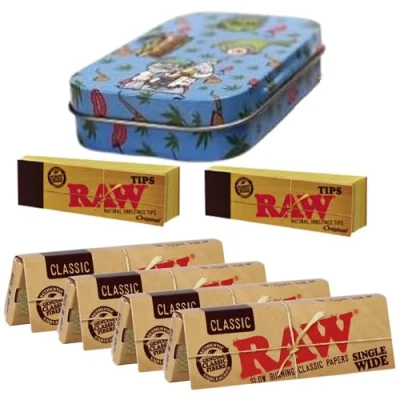 Image of Rizla RAW Storage Travel Tobacco Tin with KS Paper, Tips (Raw Classic Regular Paper)