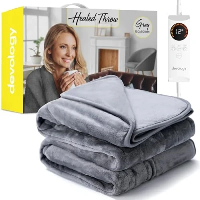 Image of Devology Heated Throw Electric Blanket Digital Controller Timer up to 12 hours, 6 Heat Settings, Auto Shutoff Machine Washable Double 150x200cm Grey