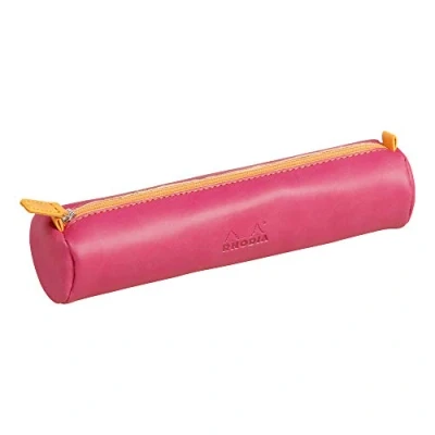 Image of RHODIA 318992C Raspberry Rhodiarama Round Pencil Case 21.5 x 5.5 cm Genuine Orange Stitching Ivory Jersey Interior Faux Leather Storage for Pens, Pencils, Markers, Small Supplies