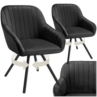 Image of TecTake® Set of 2 Velvet Dining Chairs with Slim Steel Legs, Large Arm &amp; Backrests, Soft Padding, 360 Swivel Armchairs Height Adjustable Feet Ideal Living Room, Kitchen Desk Black