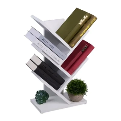 Image of Relaxdays Tree Bookshelf, 9 Tiers, 102x40x21.5 cm, for Books and CDs, Slim Design, Bookcase, Freestanding Shelves, White, Fibreboard, Silicone