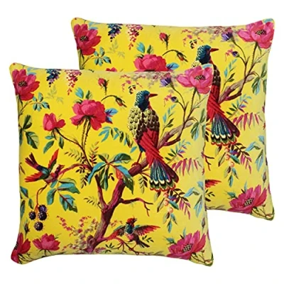 Image of Paoletti Paradise Square Cushions (Twin Pack) Yellow Cotton Size 50 cm x