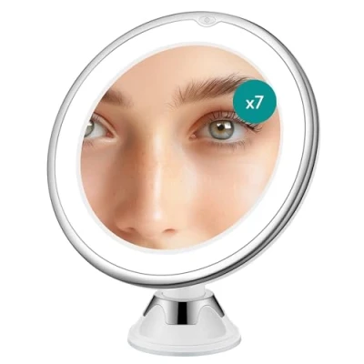 Image of Navaris LED Magnifying Makeup Mirror Cosmetics with Suction Cup, 7x Magnification, 360 Degree Swivel Travel Bathroom Vanity White