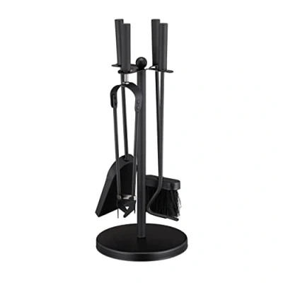 Image of Relaxdays Fireplace Set, 5 Pieces Fire Accessories with Poker, Shovel, Broom, Tongs &amp; Stand, Steel, 50x20x20 cm, Black