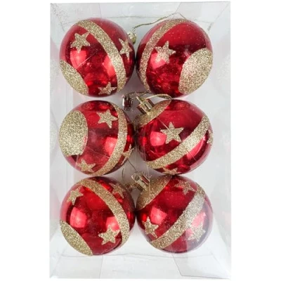 Image of 6 Pieces 6CM Christmas Baubles for Tree Decorations Xmas Hanging Ornaments Shatterproof Tree, Red with Stars