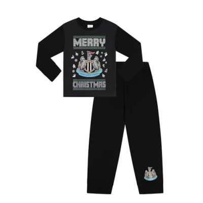 Image of Newcastle United Football Club Mens and Kids Matching Family Merry Christmas Long Pyjama Set Boys Girls Xmas PJ&#039;s (XXX Large) Black
