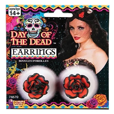 Image of Bristol Novelty 74670 Earrings Rose Day of the Dead 1pc, Red, One Size