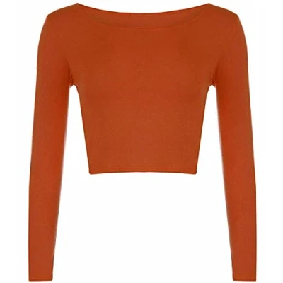 Image of Womens Crop Long Sleeve T Shirt Ladies Short Plain Round Neck Top Fitness Workout Running Shirts Cropped Tops (Rust UK 12 14)