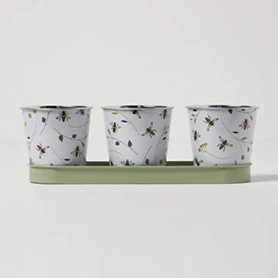 Image of HOMESCAPES Set of 3 Indoor Plant Pots with Tray Bee Floral Design Green &amp; White Metal Storage for Use