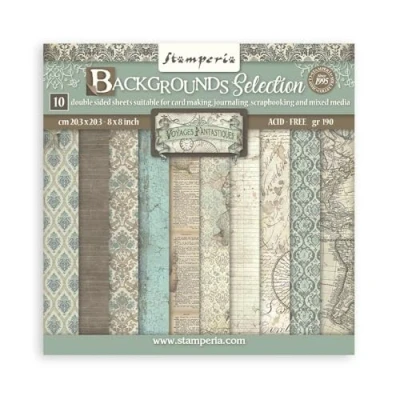 Image of Stamperia International KFT Mini Scrapbooking Pad 10 20.3 x cm (8x8) Backgrounds Selection Voyages Fantastiques, Multicoloured, 8 inch