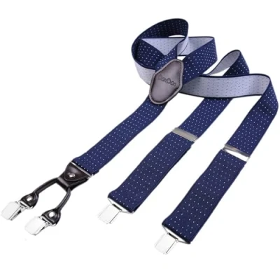 Image of DonDon men suspenders 3,5 cm 1,38&quot; wide 4 clips with brown leather in Y form elastic and length adjustable dark blue white dotted