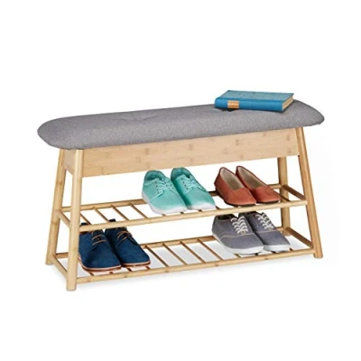 Image of Relaxdays Bench Shoes 8 Pair, 2 Floors, Foldable Padded Seat, Space with Compartments, Bamboo, HlP 48x90x28cm, 80 Polyester 10% Foam, Light Brown, Grey, 1 item