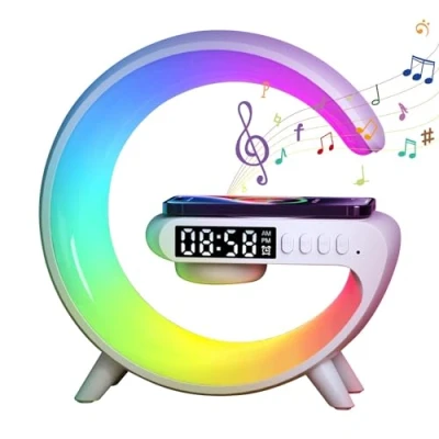 Image of LIULIUDA Wireless Charger Lamp, Speaker Night Light, G Shape LED Lamp Phone Charging Speaker, Timer Alarm Clock Color Changing Smart Music Desk Gift for Home Decoration (A)