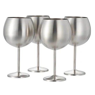 Image of Oak &amp; Steel 4 Stainless Large Goblet Wine Glasses, 700ml Unbreakable Balloon Glass Gift Set for Cocktails Gin Wedding Anniversary Birthday Party (Silver)