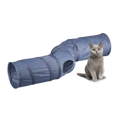 Image of Relaxdays Foldable Cat Tunnel, S Shaped Pet Toy, 4 Exits, Interactive, Pop up, HWD: 25 x 131.5 35 cm, Polyester, Grey