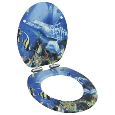 Image of vidaXL Soft Close MDF Toilet Seat with Dolphins Design, Adjustable Width Hinges, Durable Materials and Easy to Clean