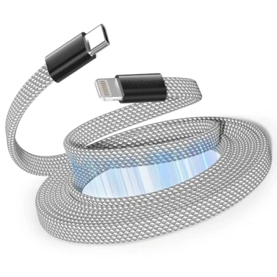Image of Magtame Magnetic USB C to Lightning Cable Coiled, 5FT MFi Certified iPhone Charger Fast Charging PD 3.0, Flat Retractable Cord Braided Compatible with 14 13 12 11 Pro Max XR XS X