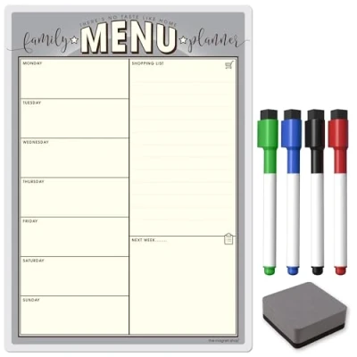Image of The Magnet Shop Weekly Family Menu Planner A4 Dry Erase Meal Planner, Whiteboard and Shopping List for your Home, Kitchen, Fridge With 4 Wipe Pens Eraser (Grey, A3)