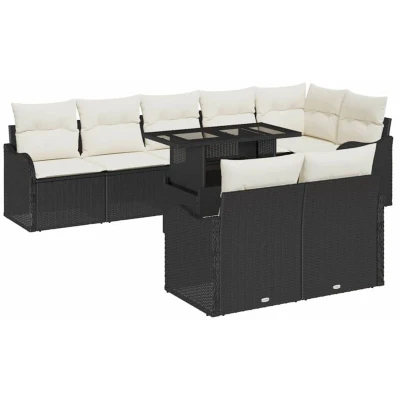 Image of vidaXL 9 Piece Garden Sofa Set with Cushions Black Poly Rattan