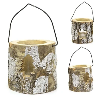 Image of Natural Wood Christmas Tealight Candle Holder Festive Rustic Wooden Tea Light Pot Xmas Lantern Votive Design Varies One Supplied