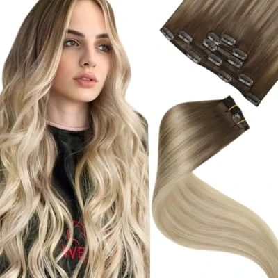 Image of LaaVoo Clip in Hair Extensions Real Human Balayage Light Brown to Dark Blonde and White Seamless Remy 16 Inch 5pcs 80g #8/18/60