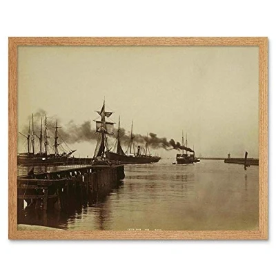 Image of Wee Blue Coo Vintage Seascape Maritime Leith Pier Scotland Art Print Framed Poster Wall Decor 12X16 Inch