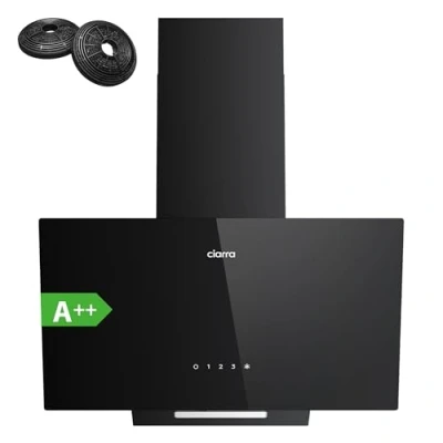 Image of CIARRA CBCB6750C Angled Cooker Hood 60cm with CBCF002X2 Carbon Filters Recirculating &amp; Ducting LED Lights Black Painting&amp;Tempered Glass Wall Mounted Touch Control Extractor Fan Kitchen
