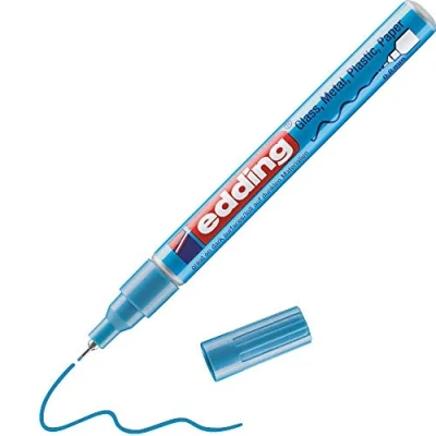 Image of edding 780 gloss paint marker light blue metallic 1 extra fine round nib 0.8 mm pen for glass, pebbles, wood, plastic, paper waterproof, high coverage