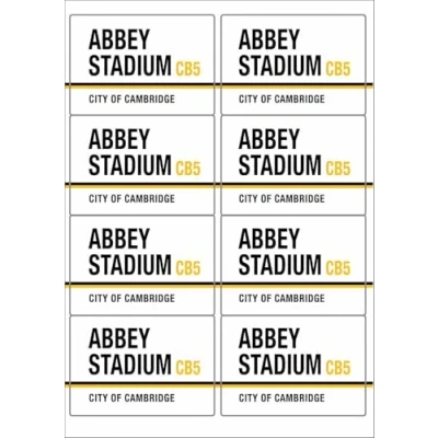 Image of Abbey Stadium CB5 Cambridge Road Sign Rectangular Matt Paper Stickers A4 Sheet of 8 (Each Sticker is 99mm x 68mm)