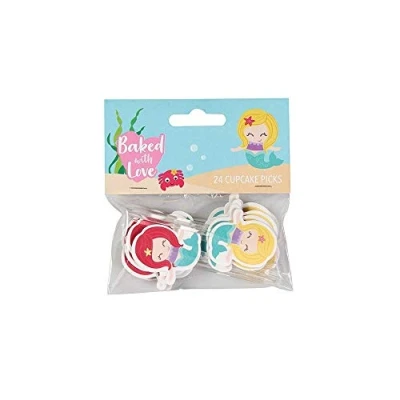 Image of Baked With Love Mermaid Cupcake Picks, Cake Decorations, Toppers 24 Pack