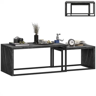 Image of HOMCOM Coffee Tables Set of 2, Industrial Nest with Metal Frame for Living Room Bedroom, Dark Grey Marble Effect
