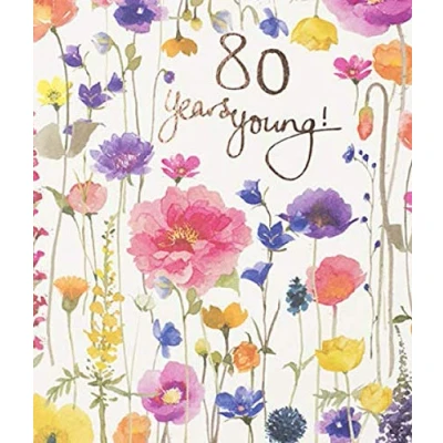 Image of Stunning Artistic Female Birthday Card (PL ODH005) 80th Wild Meadow Flowers with an Elegant Foil Finish Greeting for Her from The Beautiful Delphine Range